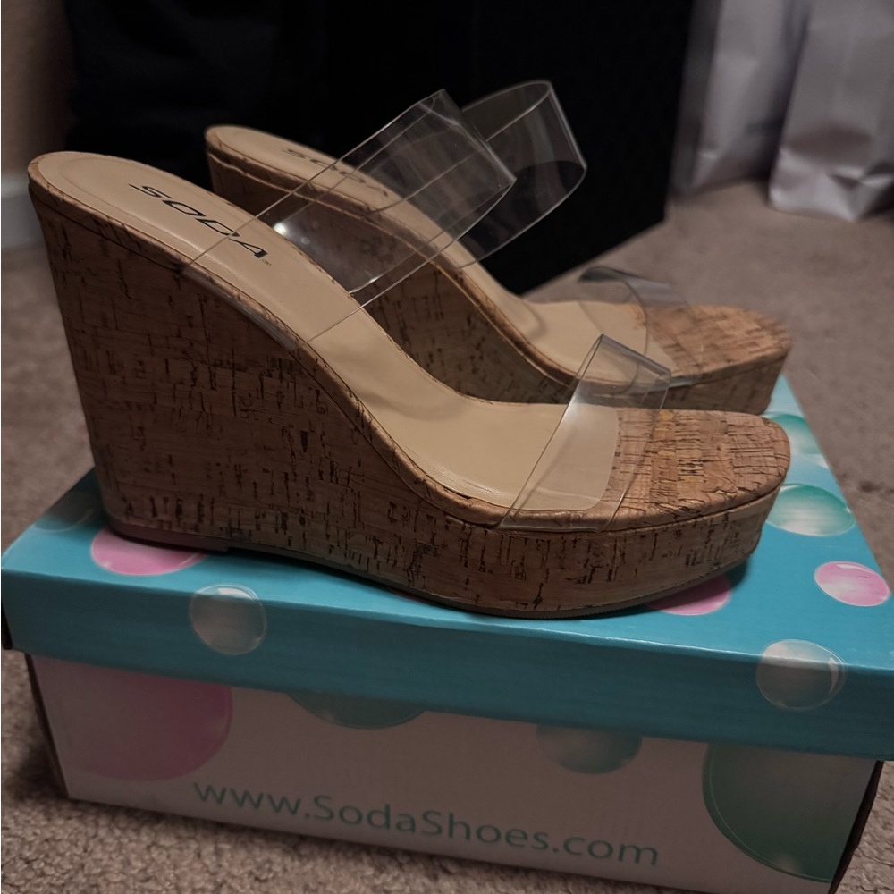 Soda Clear Double-Strap Cork Wedge Sandals - Tan Cork